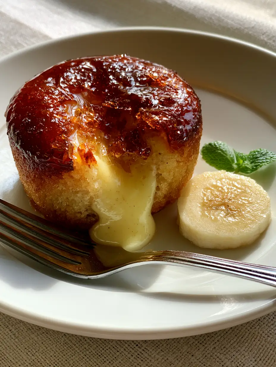 A handheld photo of a banana creme brulee cupcake on a white plate, showing the oozing custard center. (banana creme brulee cupcakes)