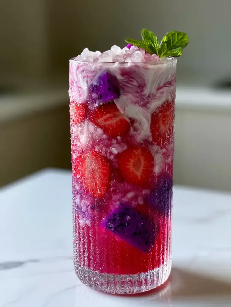 Homemade Drink Recipes: Vibrant Magenta Hibiscus and Coconut Cream Refresher 1 Close up of condensation droplets on a ribbed glass filled with pink drink and dragon fruit.