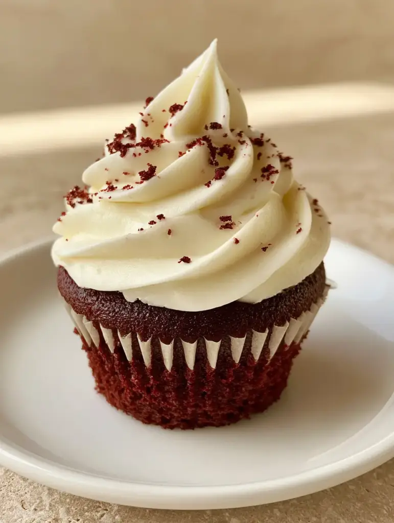 Red Velvet Cupcakes with Glossy Cream Cheese Frosting and Fine Cake Dust 1 Close up of sharp ridges in ivory-white cream cheese frosting on a crimson cake base.
