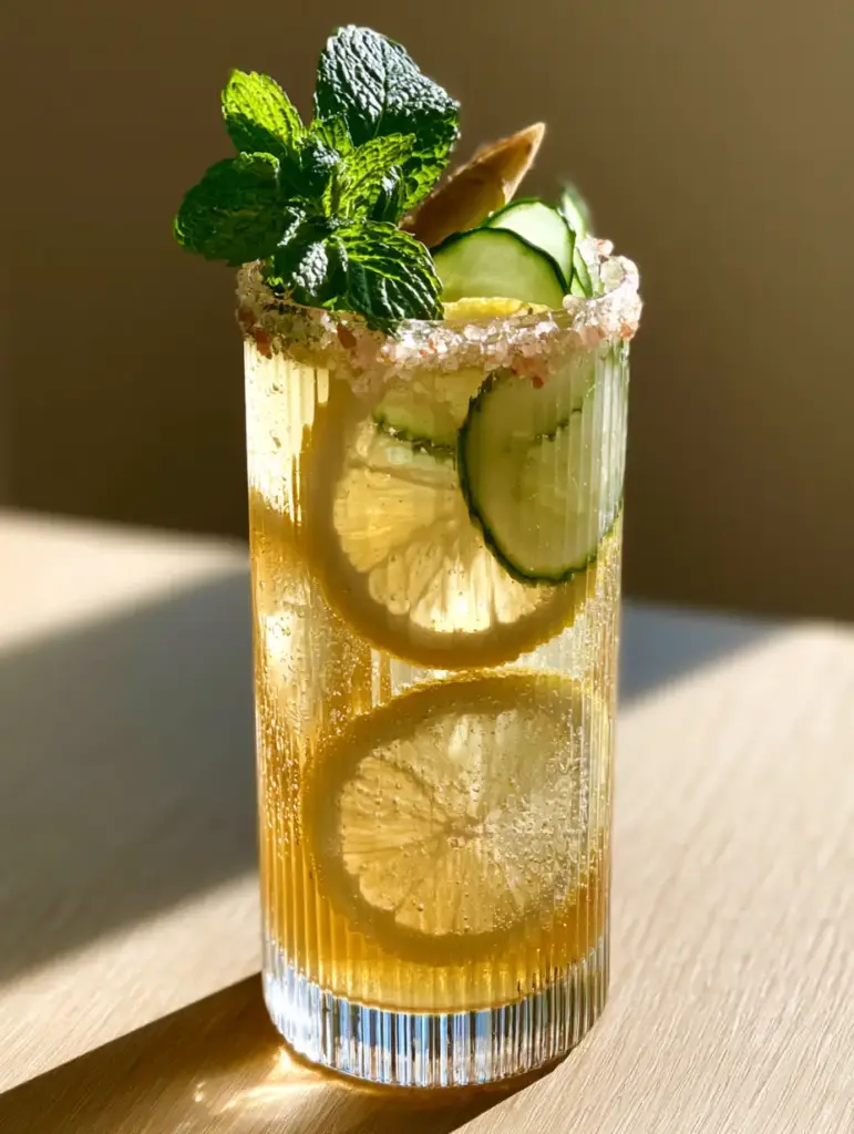 Close up of translucent cucumber and lemon slices in a sparkling mineral water drink.