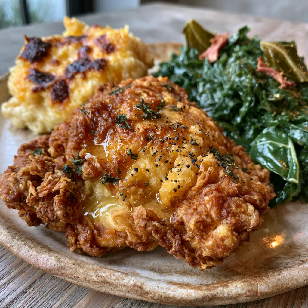 A ceramic plate with crispy chicken, bubbly baked macaroni and cheese, and vibrant collard greens.
