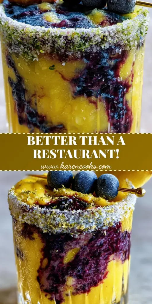 Pineapple Blueberry Margarita: The Ultimate Frozen Summer Cocktail 4 A handheld smartphone photo of a vibrant Pineapple Blueberry Margarita with a marbled indigo swirl in a crystal glass.