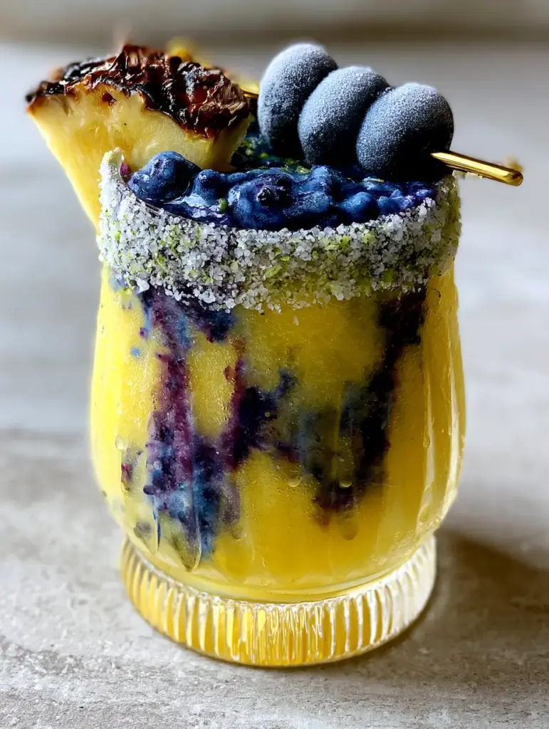 Pineapple Blueberry Margarita: The Ultimate Frozen Summer Cocktail 2 Close up of a frosty Pineapple Blueberry Margarita showing the thick yellow texture and deep purple swirls.