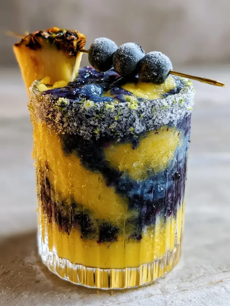 Pineapple Blueberry Margarita: The Ultimate Frozen Summer Cocktail 1 A professional Pineapple Blueberry Margarita featuring a charred pineapple wedge and gold cocktail pick with blueberries.