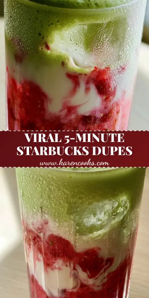 Drink Recipes: The Ultimate Layered Strawberry Matcha Latte with Oat Milk 4 A tall fluted glass featuring a layered strawberry matcha latte with vibrant pink compote and green foam. (Drink Recipes)