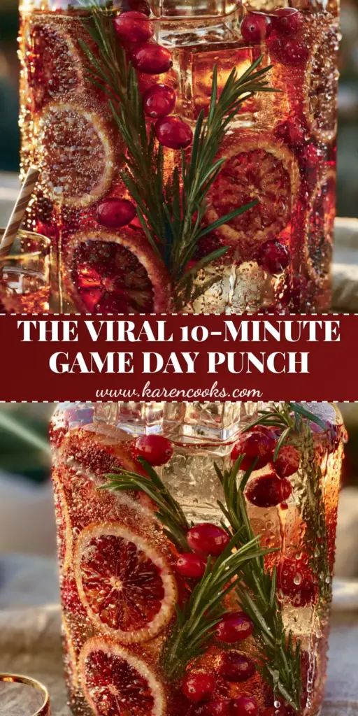A tall glass beverage dispenser filled with ruby-red punch, blood orange slices, and rosemary for non-alcoholic tailgating drinks.