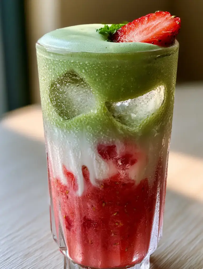 Drink Recipes: The Ultimate Layered Strawberry Matcha Latte with Oat Milk 2 Close up of a hand holding a crystal glass with strawberry compote and matcha foam layers. (Drink Recipes)