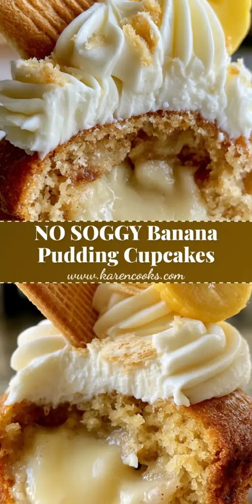 Banana Cream Cupcakes: The Ultimate Gourmet Recipe with an Oozing Vanilla Core 4 A close-up gourmet banana cream cupcake with a tall cream cheese frosting swirl, a Nilla wafer, and a banana slice. (banana cream cupcakes)