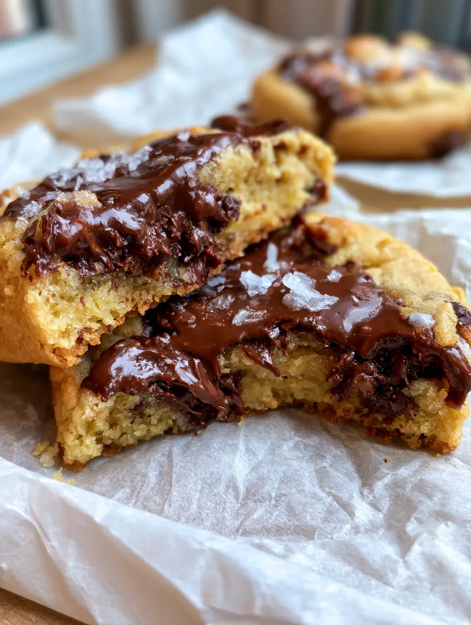 Eye-level view of a warm, thick, ultra-chewy chocolate chip cookie with shiny chocolate puddles and sea salt. (Small batch chocolate chip cookies)