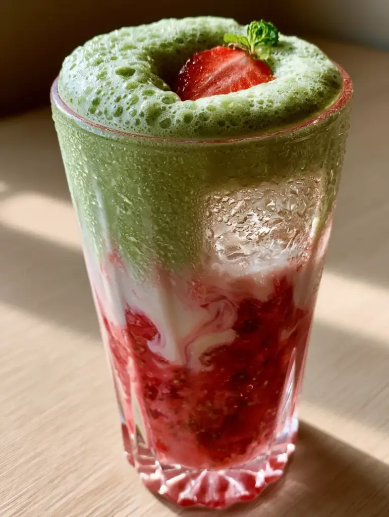 Drink Recipes: The Ultimate Layered Strawberry Matcha Latte with Oat Milk 1 Detailed view of artisanal ice cubes and condensation on a fluted glass of matcha. (Drink Recipes)
