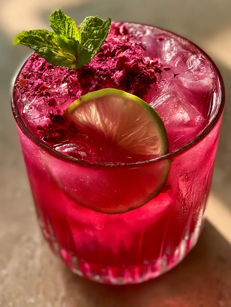 Hibiscus Rose Mocktail: A Vibrant Magenta Botanical Infusion 3 Close-up of a hibiscus rose mocktail showing the deep pink liquid, large ice cubes, and condensation on a ribbed glass. (hibiscus rose mocktail)