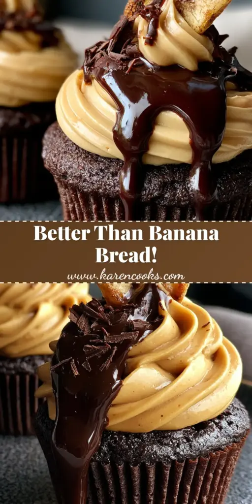A tall stack of chocolate banana cupcakes with peanut butter frosting and chocolate ganache drizzle. (chocolate banana cupcakes)