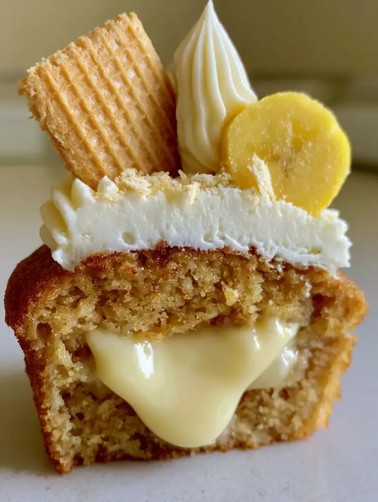 Banana Cream Cupcakes: The Ultimate Gourmet Recipe with an Oozing Vanilla Core 2 A smartphone photo of a banana cream cupcake sliced in half showing an oozing vanilla pudding core. (banana cream cupcakes)