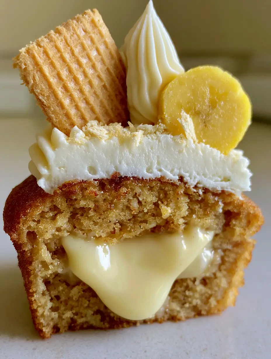 Banana Cream Cupcakes: The Ultimate Gourmet Recipe with an Oozing Vanilla Core 3 A smartphone photo of a banana cream cupcake sliced in half showing an oozing vanilla pudding core. (banana cream cupcakes)