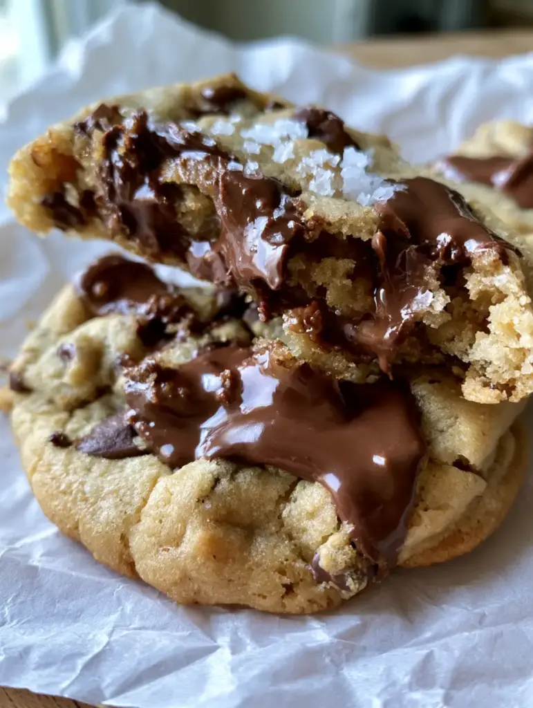 A broken chocolate chip cookie revealing a gooey chocolate interior on white parchment paper. (Small batch chocolate chip cookies)