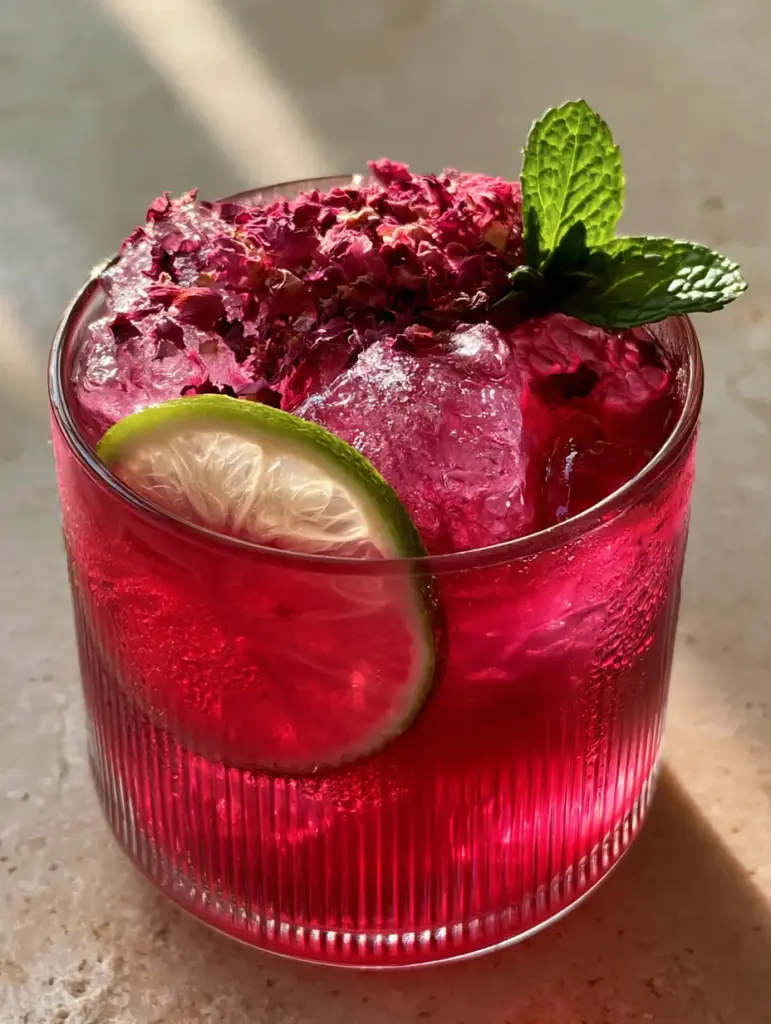 Hibiscus Rose Mocktail: A Vibrant Magenta Botanical Infusion 1 Macro view of the garnish on a hibiscus rose mocktail featuring dried rose petals and a fresh mint sprig.