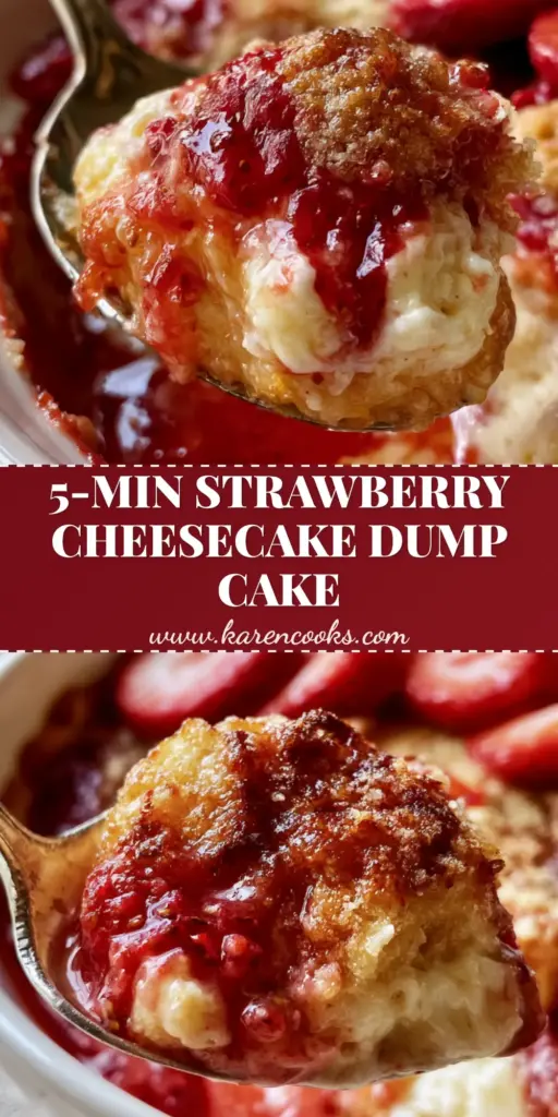 Strawberry Cheesecake Dump Cake: The Ultimate Gooey Dessert Guide 4 A silver spoon scooping a portion of Strawberry Cheesecake Dump Cake with bubbling red filling and golden crumble.