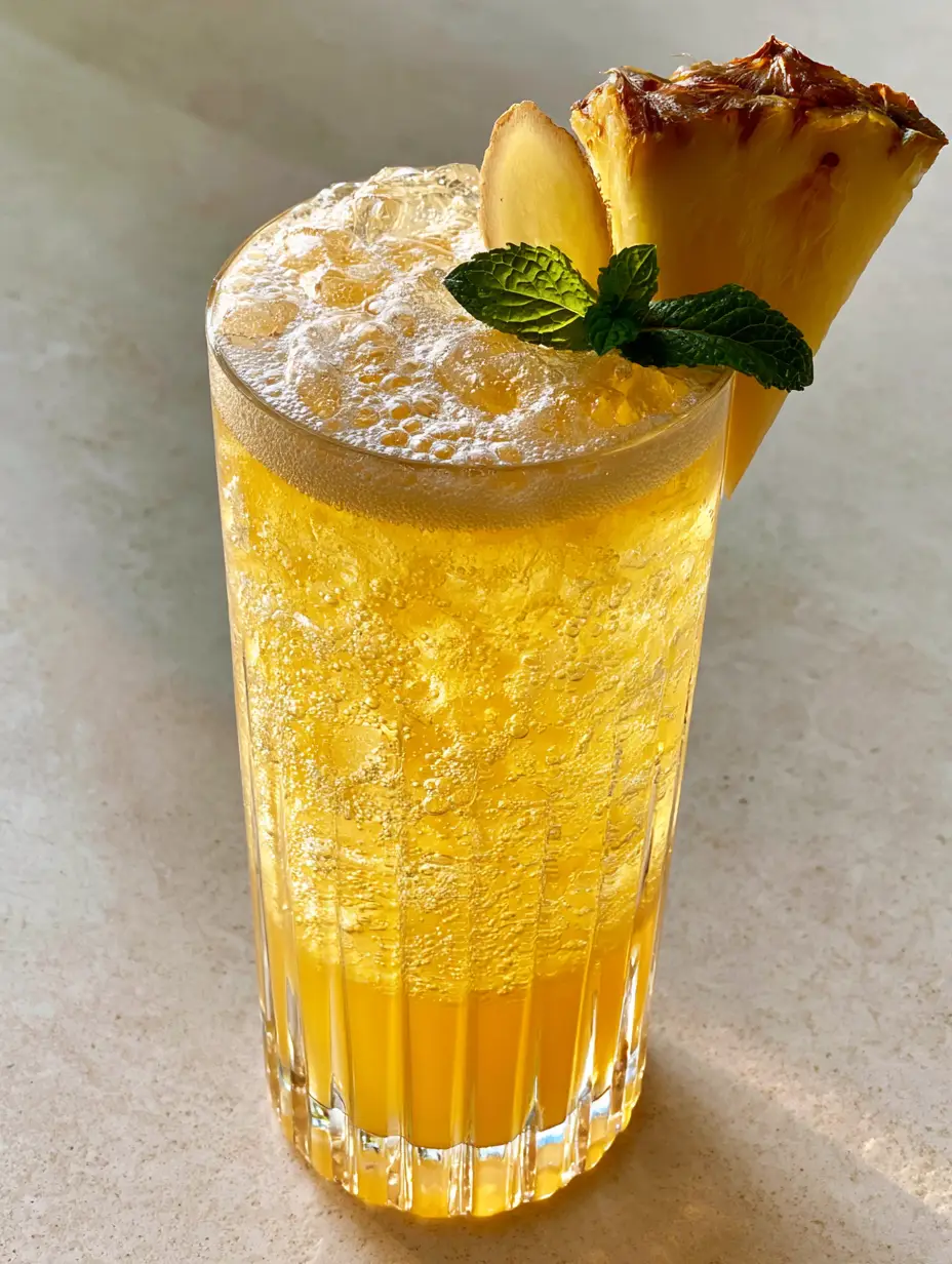 Pineapple Ginger Beer Mocktail: The Ultimate Sparkling Tropical Refresher 4 Close-up eye-level shot of a Pineapple ginger beer mocktail in a tall glass with glistening ice and froth. (Pineapple ginger beer mocktail)
