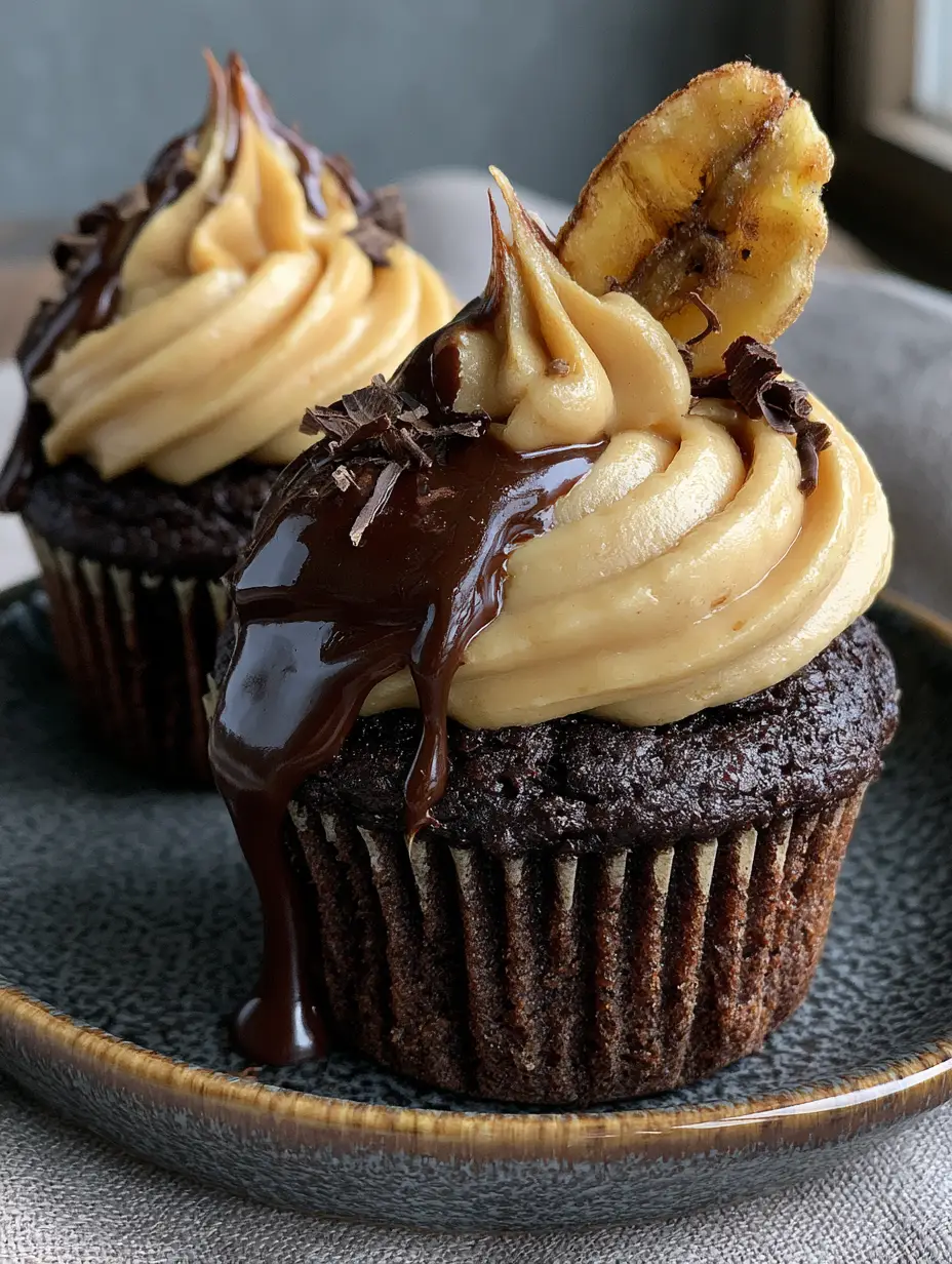 Close-up of two decadent chocolate banana cupcakes on a dark plate featuring glossy ganache and peanut butter frosting. (chocolate banana cupcakes)