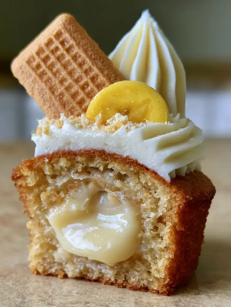 Banana Cream Cupcakes: The Ultimate Gourmet Recipe with an Oozing Vanilla Core 1 Close up of the velvet cream cheese frosting and Nilla wafer garnish on banana cream cupcakes.