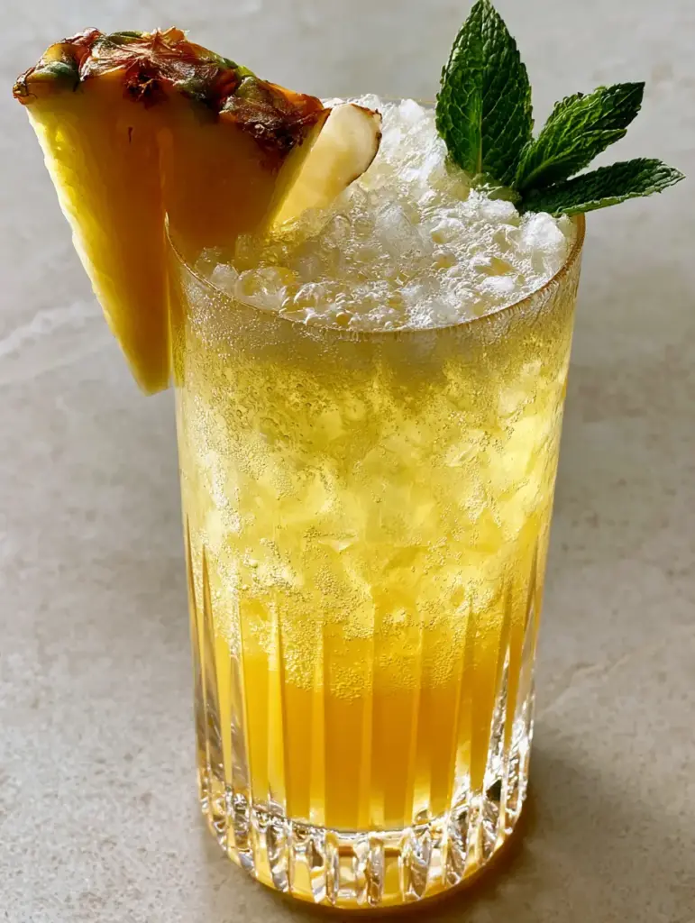 Pineapple Ginger Beer Mocktail: The Ultimate Sparkling Tropical Refresher 1 A sophisticated mocktail with vibrant yellow pineapple juice and spicy ginger beer layers.