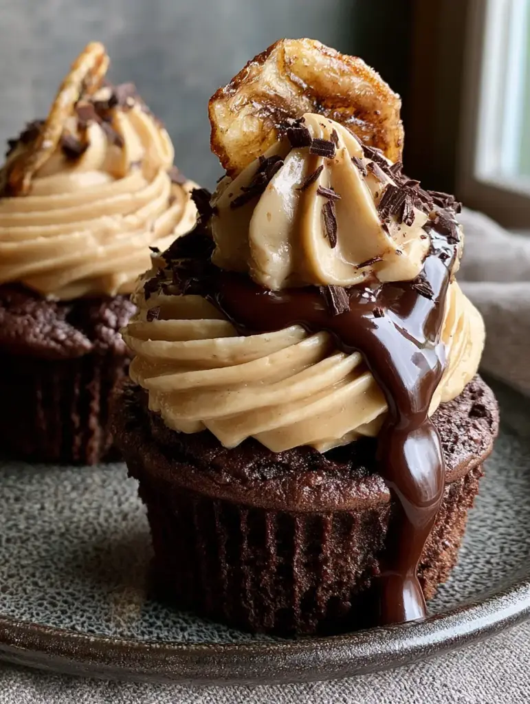 Macro shot of cascading dark chocolate ganache over peanut butter buttercream on chocolate banana cupcakes.