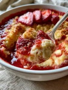 Close-up handheld photo of Strawberry Cheesecake Dump Cake in a white dish with fresh strawberry garnish.