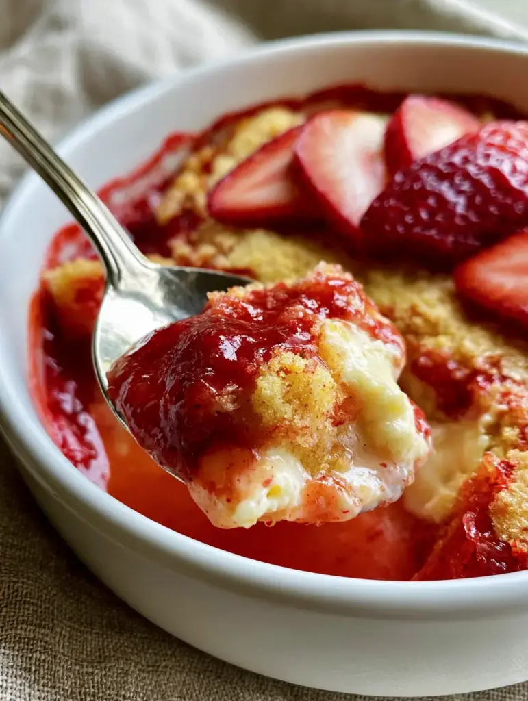 Strawberry Cheesecake Dump Cake: The Ultimate Gooey Dessert Guide 1 Detail view of the golden-brown buttery cake mix crumble on a Strawberry Cheesecake Dump Cake.