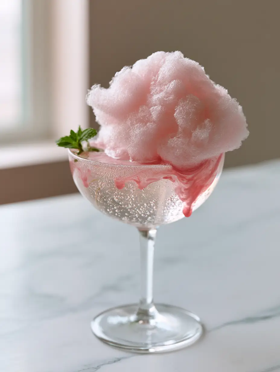 Cotton Candy Cloud Mocktail: A Magical 3-Ingredient Whimsical Drink 3 Detailed shot of the fluffy pink cotton candy cloud on the rim of a clear soda mocktail. (Cotton Candy Cloud Mocktail)