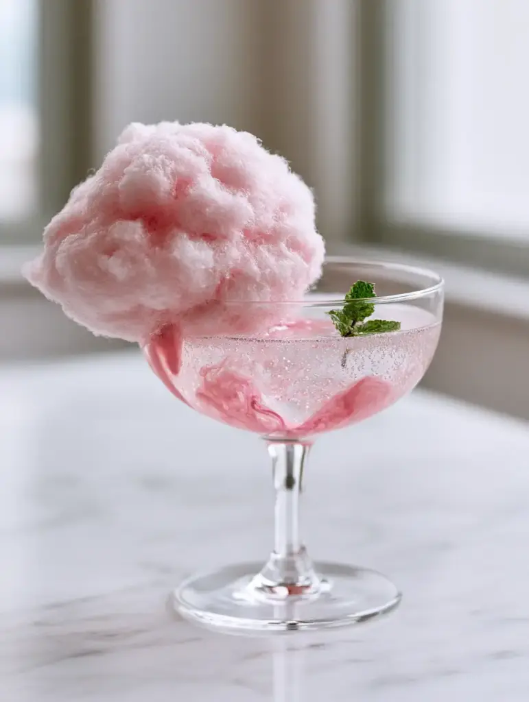 Cotton Candy Cloud Mocktail: A Magical 3-Ingredient Whimsical Drink 1 Overhead view of the Cotton Candy Cloud Mocktail showing the pink syrup marbling into the carbonated liquid.