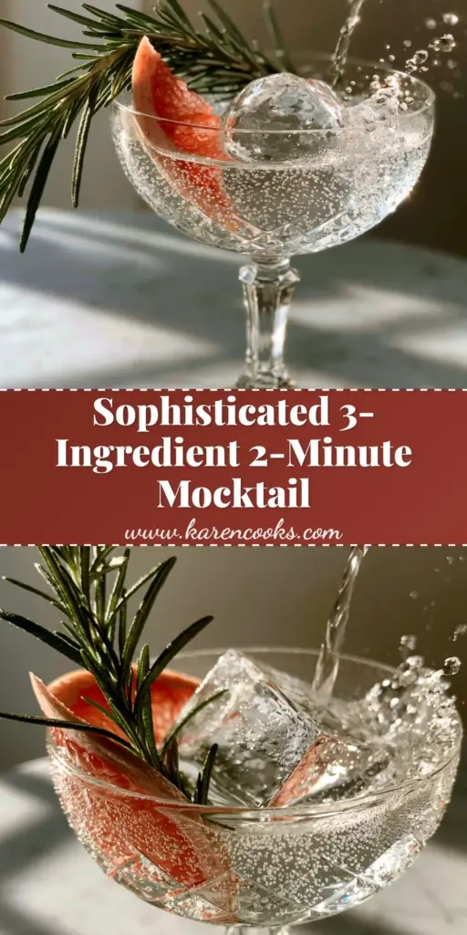 Non-alcoholic drink recipe: The Sparkling Rosemary Grapefruit Botanical Tonic 4 A sophisticated non-alcoholic drink recipe featuring a crystal coupe glass with a large clear ice cube, grapefruit, and rosemary on a white marble table. (non-alcoholic drink recipe)
