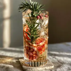 A tall ribbed crystal glass filled with a sparkling golden-amber botanical mocktail featuring blood orange slices. (non-alcoholic cocktails)