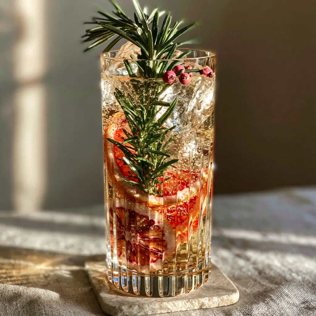 Non-Alcoholic Cocktails: The Sophisticated Amber Botanical Spritz 2 A tall ribbed crystal glass filled with a sparkling golden-amber botanical mocktail featuring blood orange slices. (non-alcoholic cocktails)