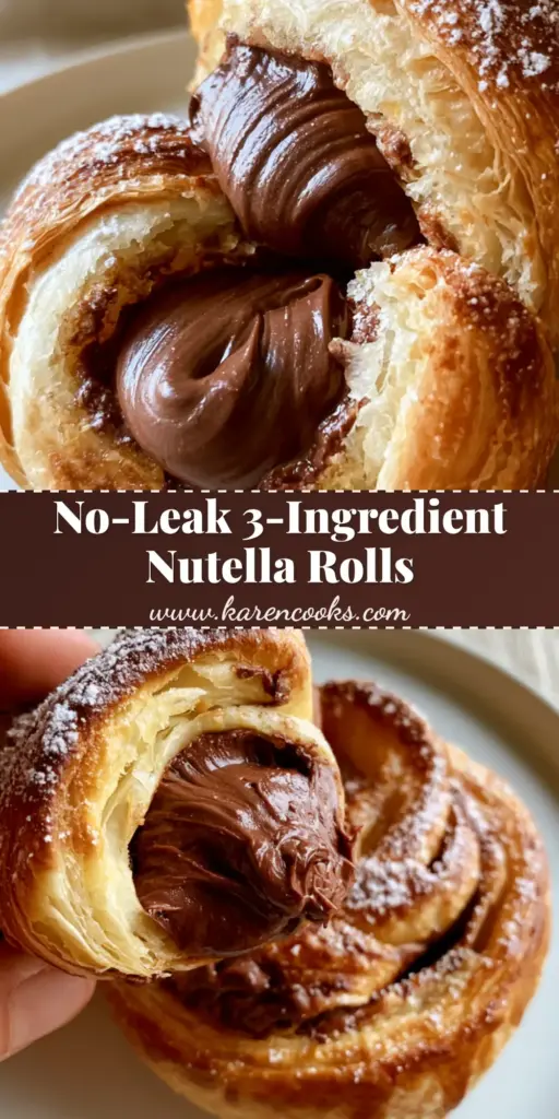 Nutella Rolls: The Ultimate Flaky Golden Puff Pastry with Warm Hazelnut Filling 4 Close-up of golden-brown Nutella rolls being pulled apart to reveal a glossy chocolate hazelnut center on a white plate.