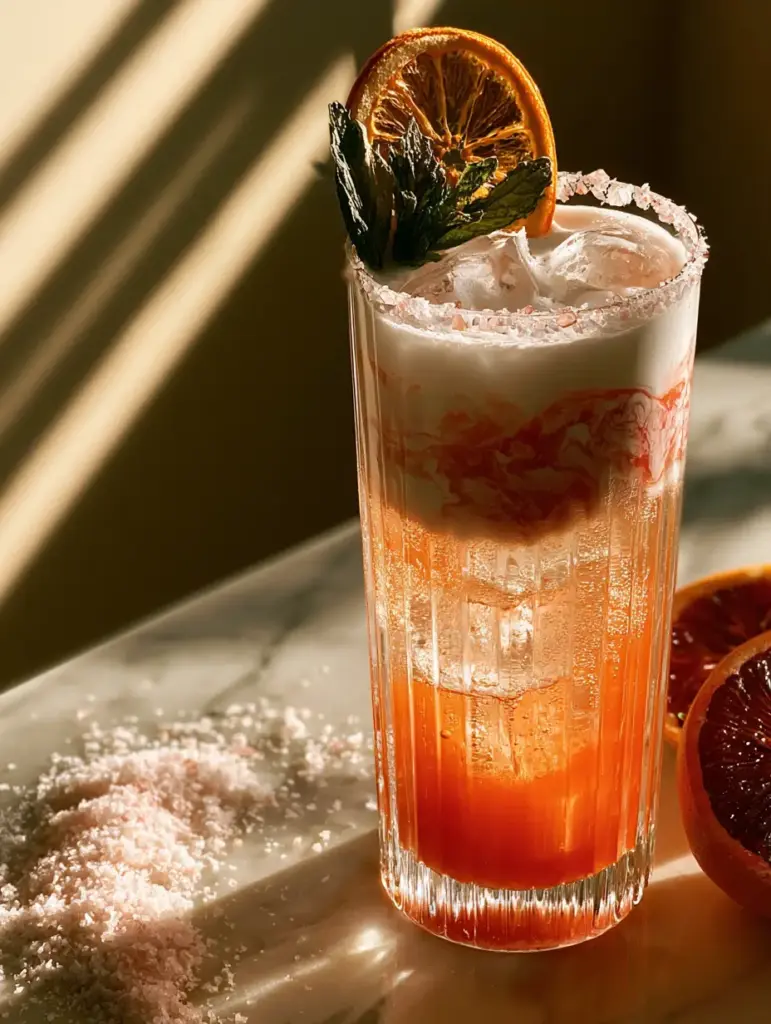 Cortisol Mocktail: The Ultimate Hormone-Balancing Blood Orange Sip 2 Close up of a Cortisol Mocktail showing effervescent bubbles and clear square ice cubes in a ribbed glass. (Cortisol Mocktail)