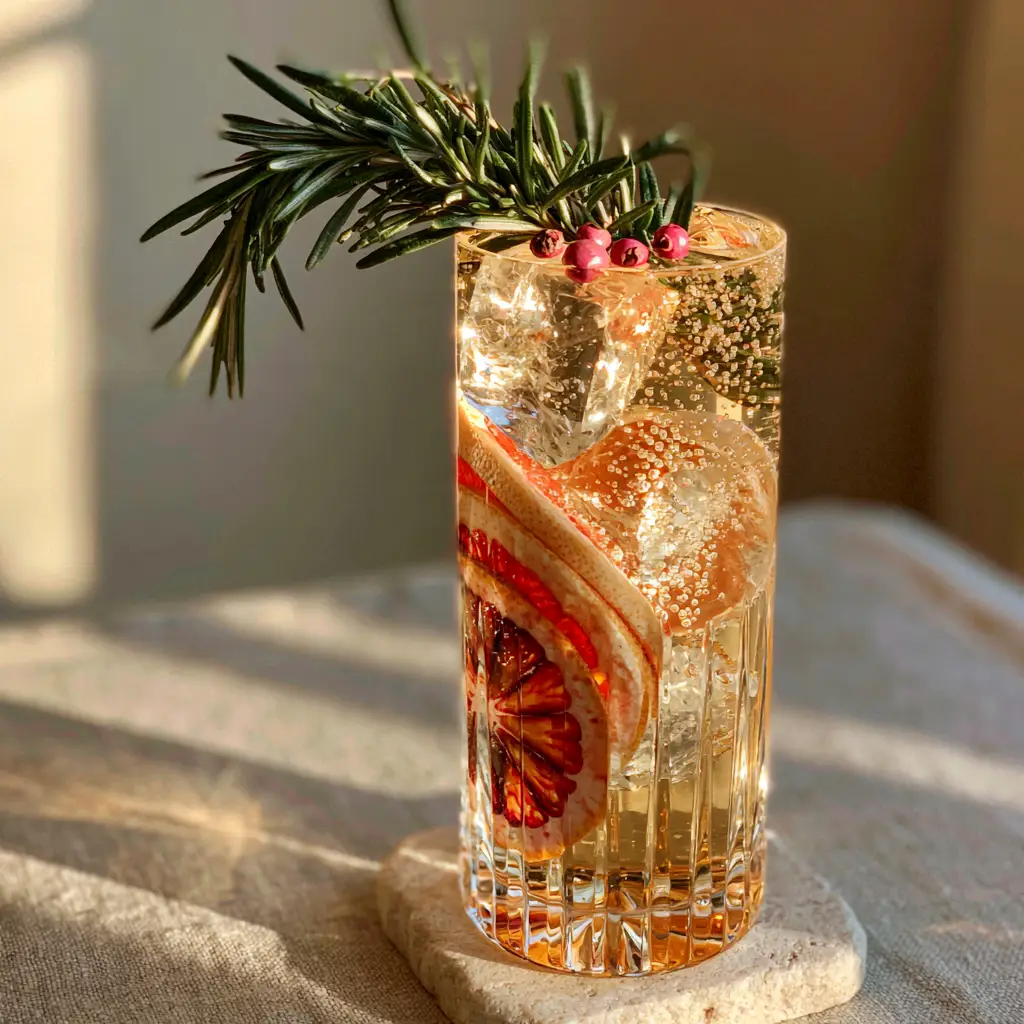 Non-Alcoholic Cocktails: The Sophisticated Amber Botanical Spritz 1 Detailed view of pink peppercorns and rosemary garnishing a golden non-alcoholic aperitif. (non-alcoholic cocktails)