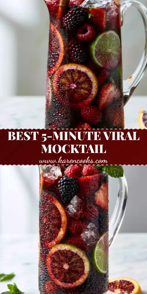 A tall crystal pitcher of Non-Alcoholic Sangria with deep ruby liquid, blood orange slices, lime, blackberries, and mint.