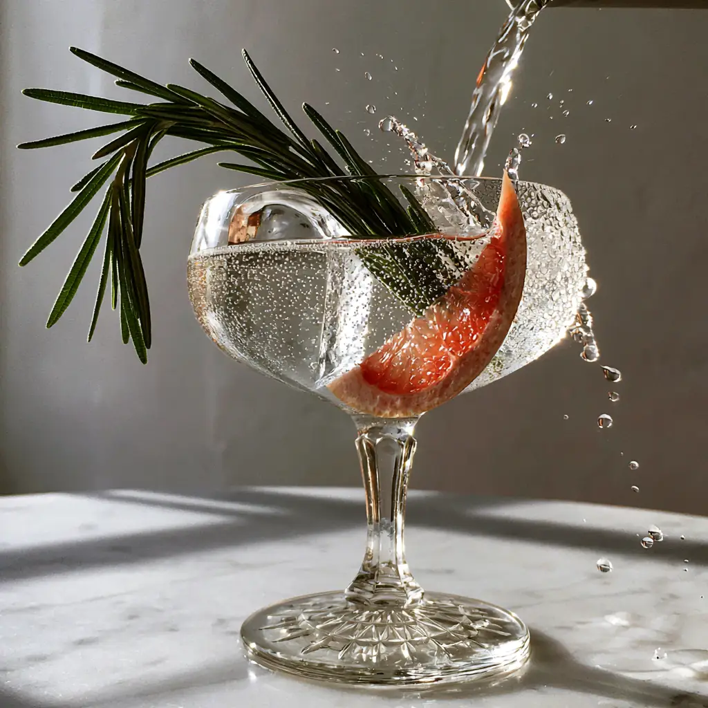 Non-alcoholic drink recipe: The Sparkling Rosemary Grapefruit Botanical Tonic 2 Close up of a botanical mocktail in a chilled coupe glass with tiny effervescent bubbles and a rosemary sprig. (non-alcoholic drink recipe)