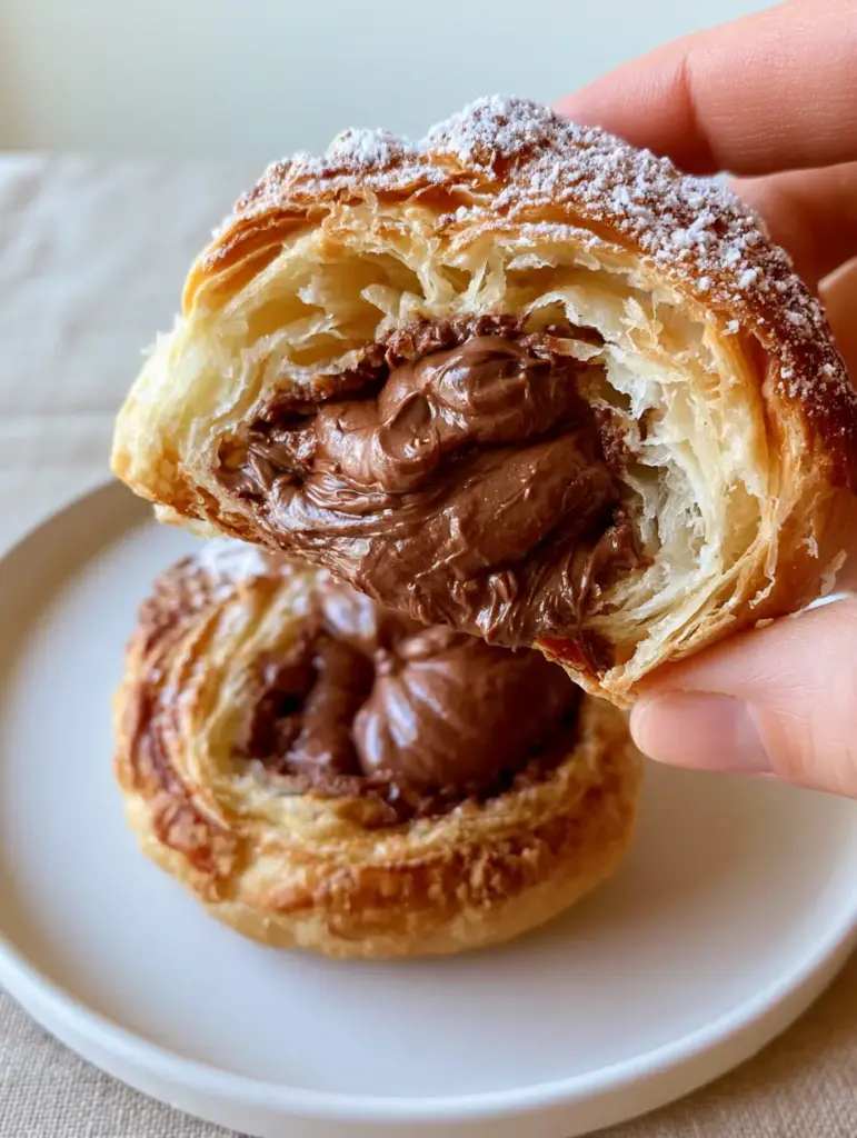 Nutella Rolls: The Ultimate Flaky Golden Puff Pastry with Warm Hazelnut Filling 2 Handheld photo of a warm Nutella roll showing thick glossy mahogany filling and flaky golden layers.