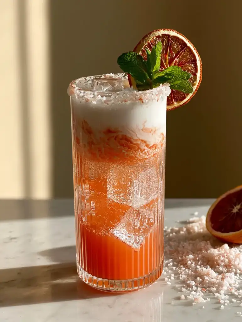 Cortisol Mocktail: The Ultimate Hormone-Balancing Blood Orange Sip 1 Golden hour lighting hitting a Cortisol Mocktail with a pink salt rim and dehydrated orange garnish.