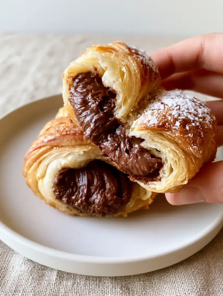 Nutella Rolls: The Ultimate Flaky Golden Puff Pastry with Warm Hazelnut Filling 1 Golden-brown Nutella rolls with a visible egg-wash sheen and a dusting of powdered sugar on a linen background.