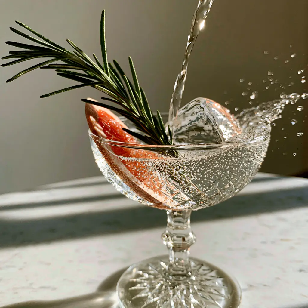 Non-alcoholic drink recipe: The Sparkling Rosemary Grapefruit Botanical Tonic 1 A high-end lifestyle photo of a clear sparkling non-alcoholic drink being poured into a crystal glass on a marble table.