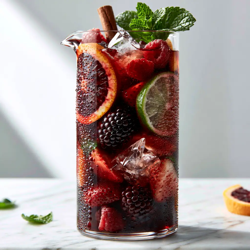 Top view of a crystal pitcher filled with berries, mint, and a cinnamon stick for a Non-Alcoholic Sangria.