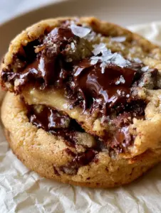 Close-up of a chocolate chip pudding cookie being pulled apart to reveal a gooey, pale-golden fudge-like interior.