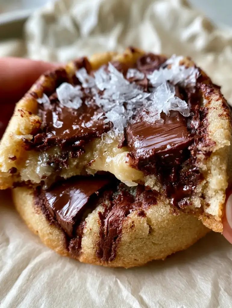 Chocolate chip pudding cookies: The Secret to the Ultimate Soft-Batch Texture 1 Top view of chocolate chip pudding cookies with glossy pools of dark chocolate and translucent flaky sea salt.