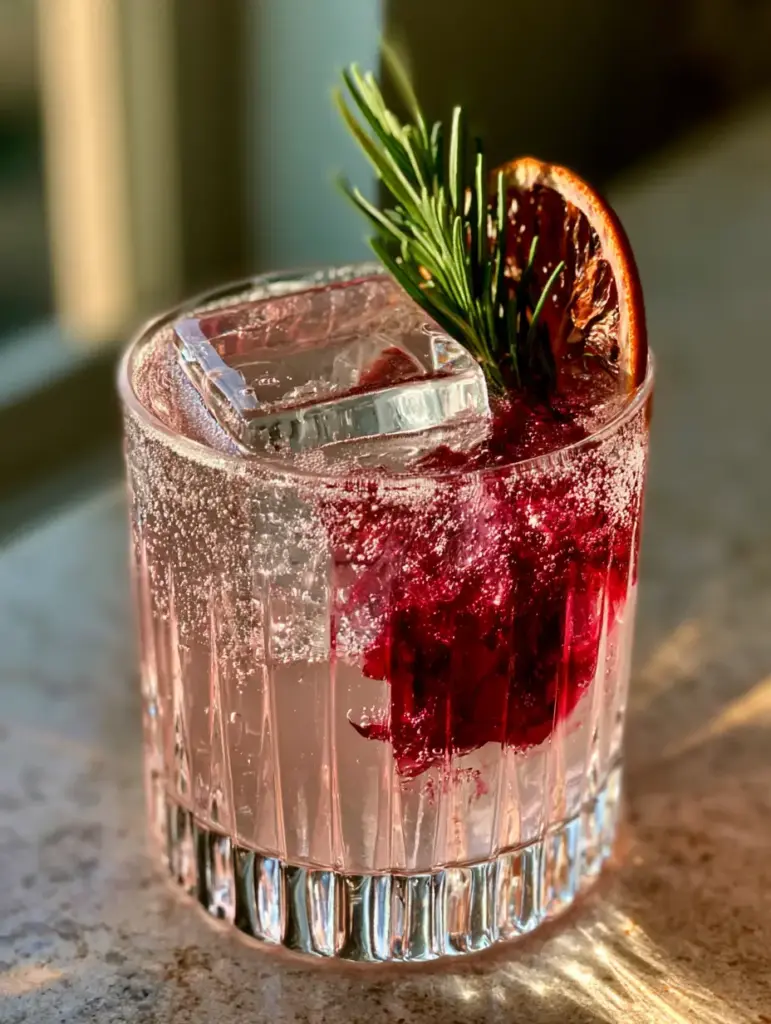 Mocktail Recipes: The Botanical Hibiscus and Sparkling Grapefruit Spritz 2 Macro eye-level shot of a botanical mocktail with a clear square ice cube and crimson hibiscus swirl. (mocktail recipes)