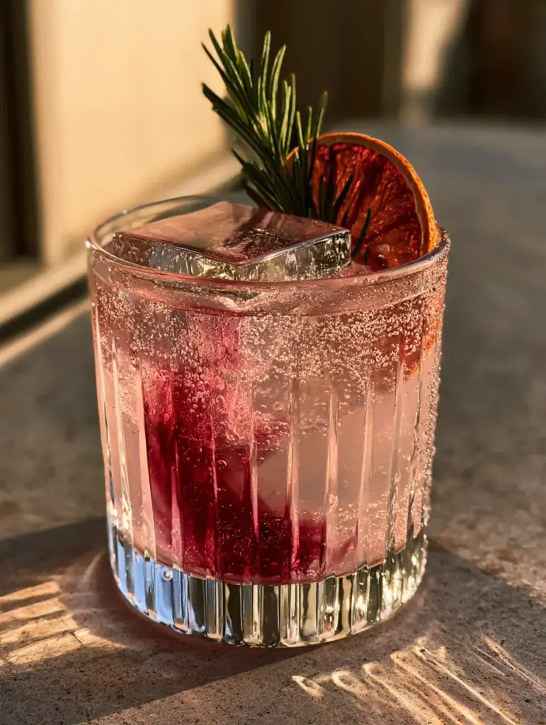 Mocktail Recipes: The Botanical Hibiscus and Sparkling Grapefruit Spritz 1 Close-up of a hibiscus swirl marble effect in a ribbed crystal glass with rosemary garnish. (mocktail recipes)