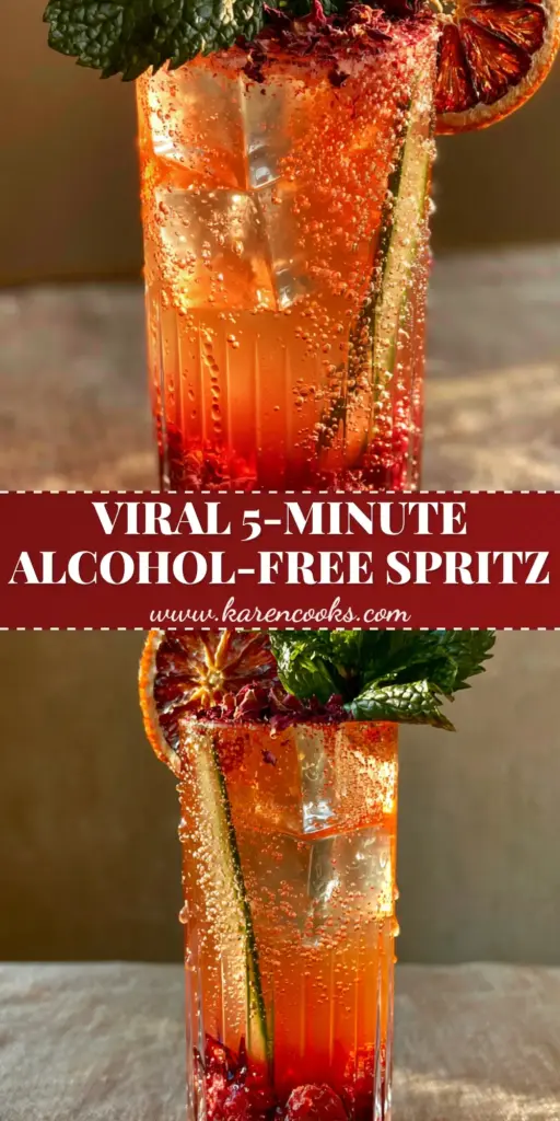 Non Alcoholic Mocktails: The Botanical Hibiscus and Raspberry Spritz 4 A tall ribbed crystal glass featuring a botanical Non Alcoholic Mocktail with a hibiscus gradient, cucumber spiral, and clear ice cubes in golden hour light.