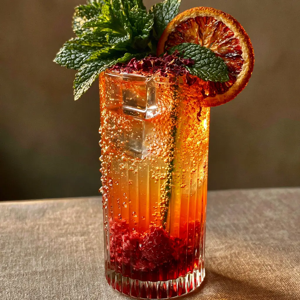 Non Alcoholic Mocktails: The Botanical Hibiscus and Raspberry Spritz 2 Close up of Non Alcoholic Mocktails showing clear square ice cubes and vigorous carbonation bubbles against a ribbed glass.