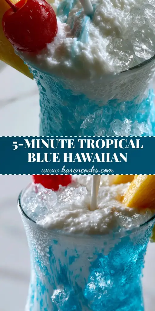 Tropical Mocktail: The Ultimate Electric Blue Hawaiian (Alcohol-Free) 4 A tall Hurricane glass filled with an electric blue tropical mocktail, topped with a thick coconut cream swirl and a maraschino cherry.